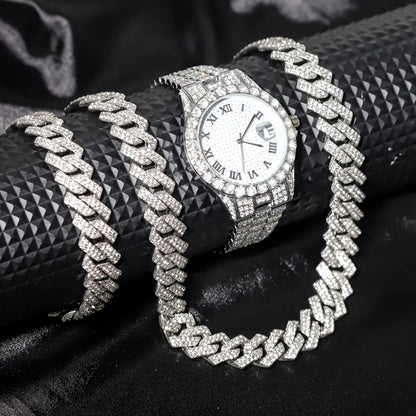 Jewelry Set with Watch - Men's Hip-Hop & Waterfall Chain Sparkling Bracelet & Necklace Combo, 3pcs - product detail view 4