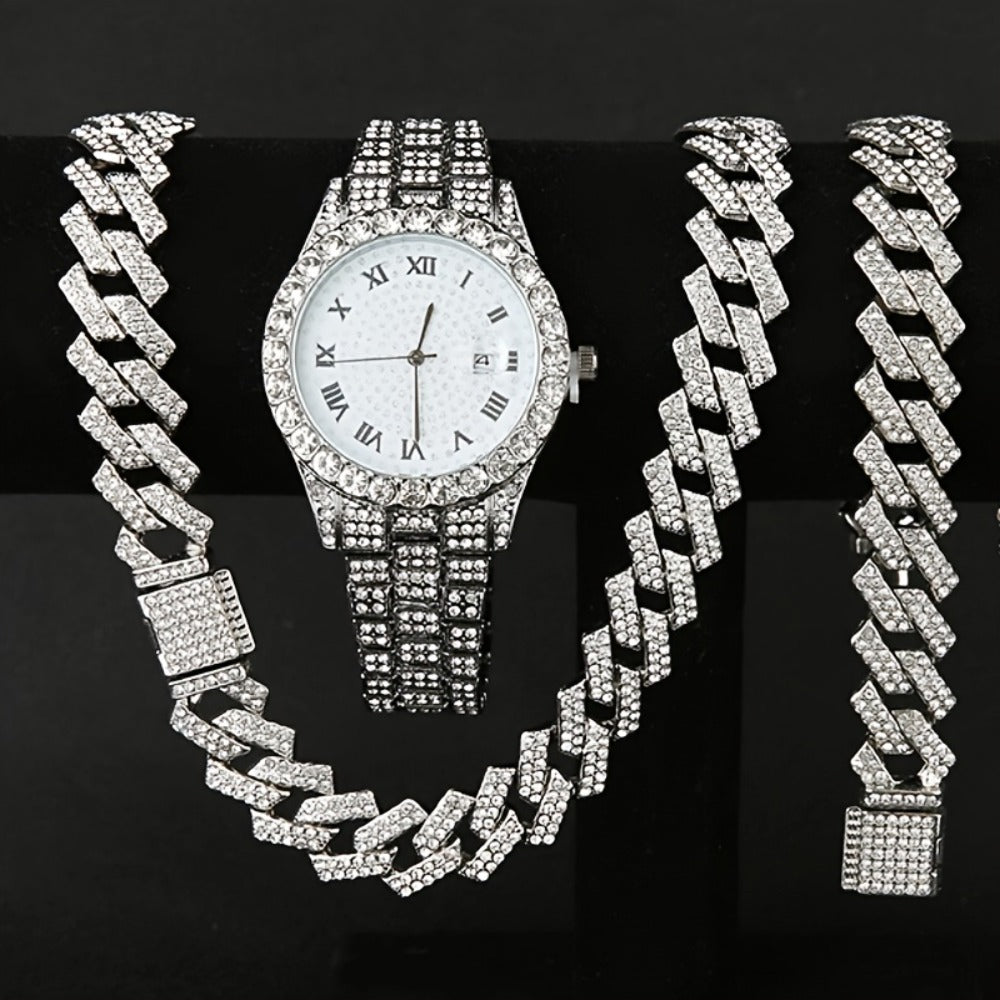 Jewelry Set with Watch - Men's Hip-Hop & Waterfall Chain Sparkling Bracelet & Necklace Combo, 3pcs - product detail view 5