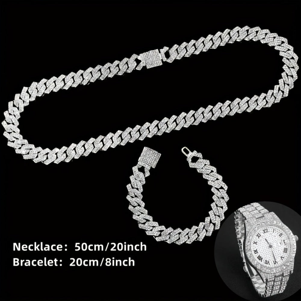 Jewelry Set with Watch - Men's Hip-Hop & Waterfall Chain Sparkling Bracelet & Necklace Combo, 3pcs - product detail view 6