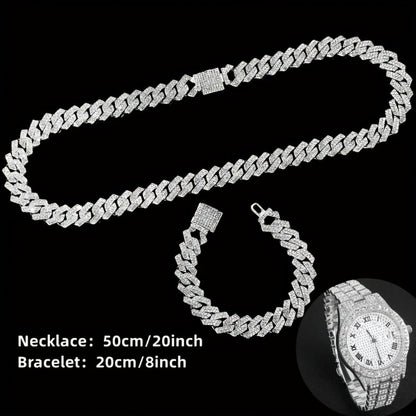 Jewelry Set with Watch - Men's Hip-Hop & Waterfall Chain Sparkling Bracelet & Necklace Combo, 3pcs - product detail view 6
