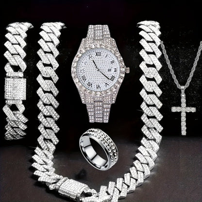 Jewelry Set with Watch - Men's Hip-Hop & Waterfall Chain Sparkling Bracelet & Necklace Combo, 3pcs - product detail view 7