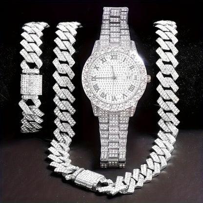 Jewelry Set with Watch - Men's Hip-Hop & Waterfall Chain Sparkling Bracelet & Necklace Combo, 3pcs - product detail view 8