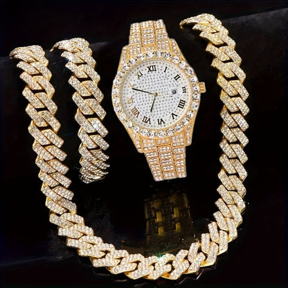 Jewelry Set with Watch - Men's Hip-Hop & Waterfall Chain Sparkling Bracelet & Necklace Combo, 3pcs - product detail view 9