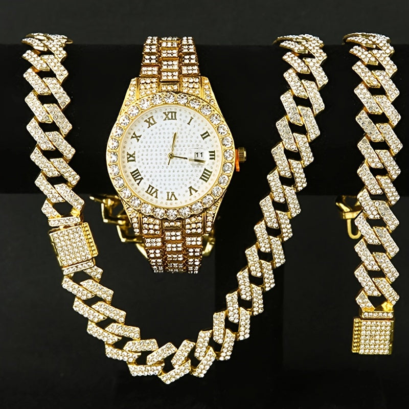 Jewelry Set with Watch - Men's Hip-Hop & Waterfall Chain Sparkling Bracelet & Necklace Combo, 3pcs - product detail view 10