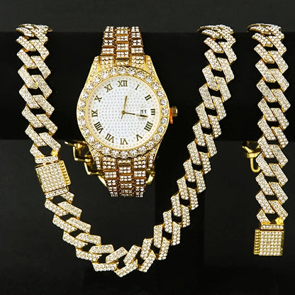 Jewelry Set with Watch - Men's Hip-Hop & Waterfall Chain Sparkling Bracelet & Necklace Combo, 3pcs - product detail view 10
