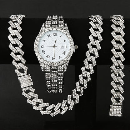 Jewelry Set with Watch - Men's Hip-Hop & Waterfall Chain Sparkling Bracelet & Necklace Combo, 3pcs - product detail view 11
