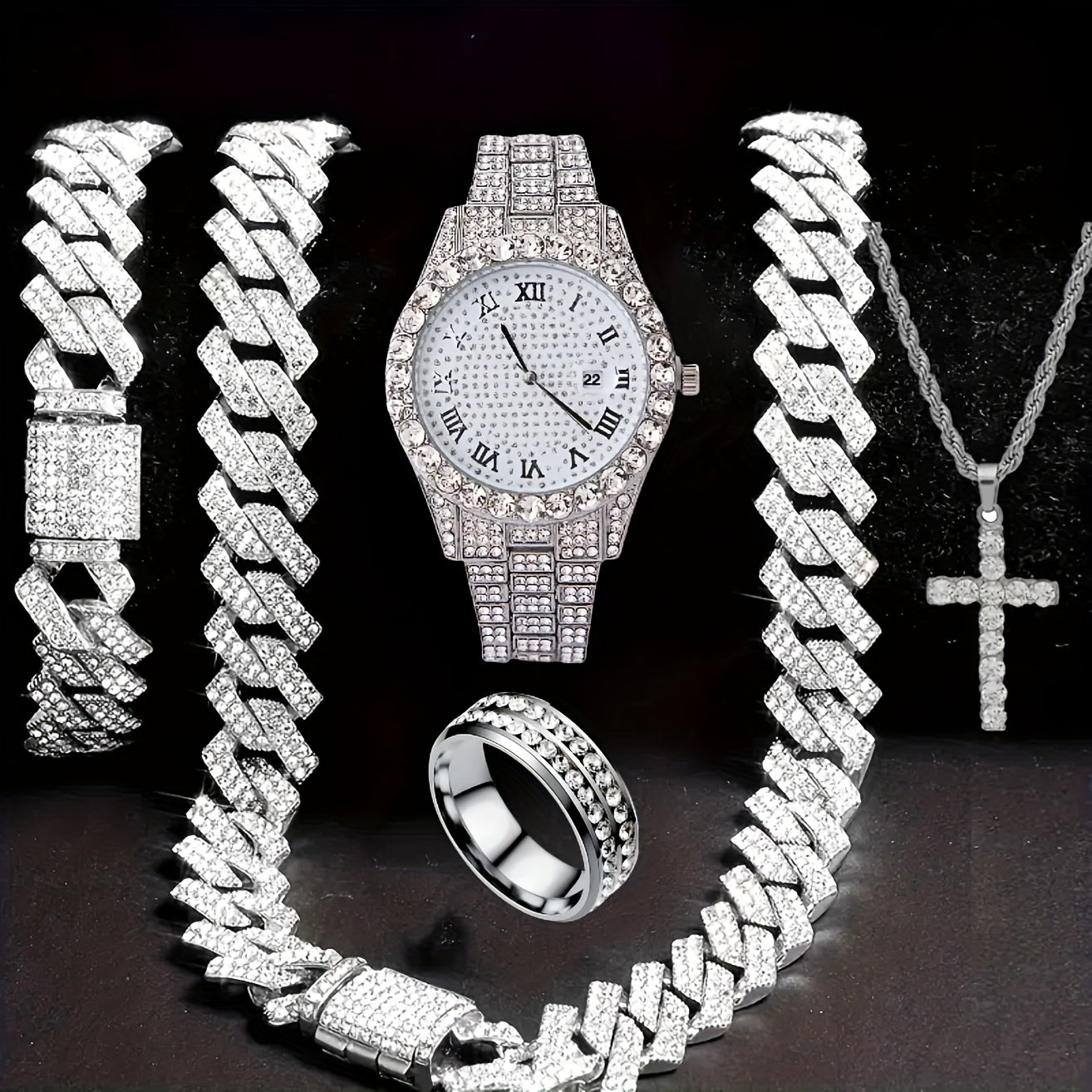 Jewelry Set with Watch - Men's Hip-Hop & Waterfall Chain Sparkling Bracelet & Necklace Combo, 3pcs - product detail view 12
