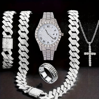 Jewelry Set with Watch - Men's Hip-Hop & Waterfall Chain Sparkling Bracelet & Necklace Combo, 3pcs - product detail view 12