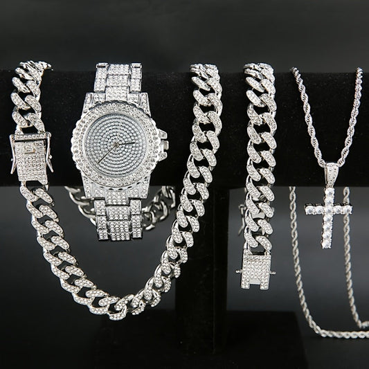Jewelry Set with Watch - Men's Punk & 4-Piece Quartz , Cuban Chain Necklace, Bracelet & Cross - product detail view 2