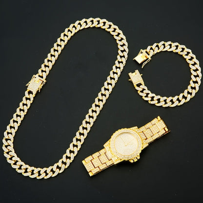 Jewelry Set with Watch - Men's Punk & 4-Piece Quartz , Cuban Chain Necklace, Bracelet & Cross - product detail view 6