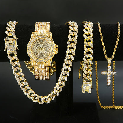 Jewelry Set with Watch - Men's Punk & 4-Piece Quartz , Cuban Chain Necklace, Bracelet & Cross - product detail view 10