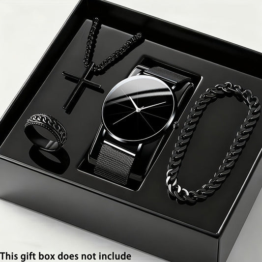 Jewelry Set with Watch - Men's Quartz & Bracelet | 4-Piece Elegant Gift with Alloy Case, Round Dial - product detail view 2