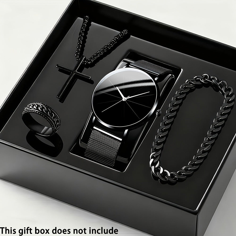 Jewelry Set with Watch - Men's Quartz & Bracelet | 4-Piece Elegant Gift with Alloy Case, Round Dial - product detail view 2