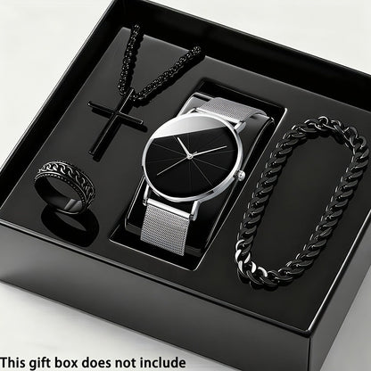Jewelry Set with Watch - Men's Quartz & Bracelet | 4-Piece Elegant Gift with Alloy Case, Round Dial - product detail view 3