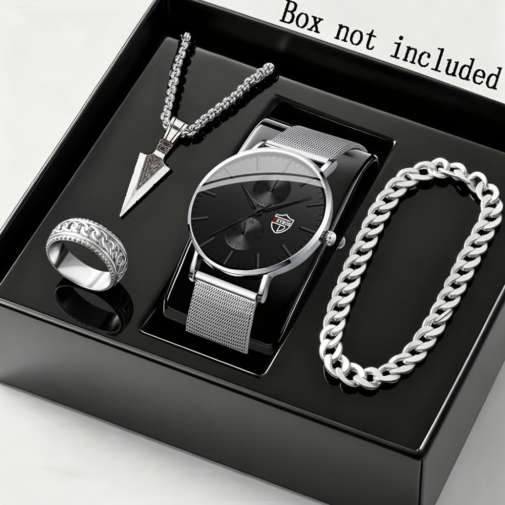 Jewelry Set with Watch - Men's Quartz & Bracelet | 4-Piece Elegant Gift with Alloy Case, Round Dial - product detail view 7
