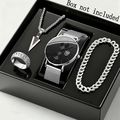 Jewelry Set with Watch - Men's Quartz & Bracelet | 4-Piece Elegant Gift with Alloy Case, Round Dial - product detail view 7