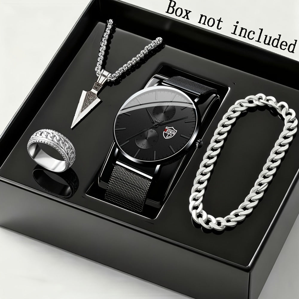 Jewelry Set with Watch - Men's Quartz & Bracelet | 4-Piece Elegant Gift with Alloy Case, Round Dial - product detail view 9