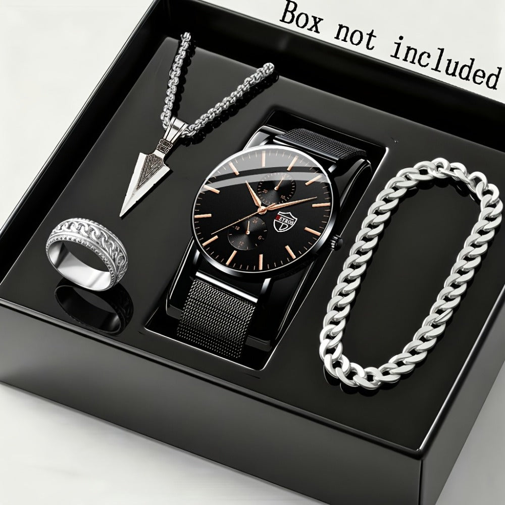 Jewelry Set with Watch - Men's Quartz & Bracelet | 4-Piece Elegant Gift with Alloy Case, Round Dial - product detail view 10