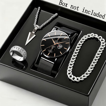 Jewelry Set with Watch - Men's Quartz & Bracelet | 4-Piece Elegant Gift with Alloy Case, Round Dial - product detail view 10