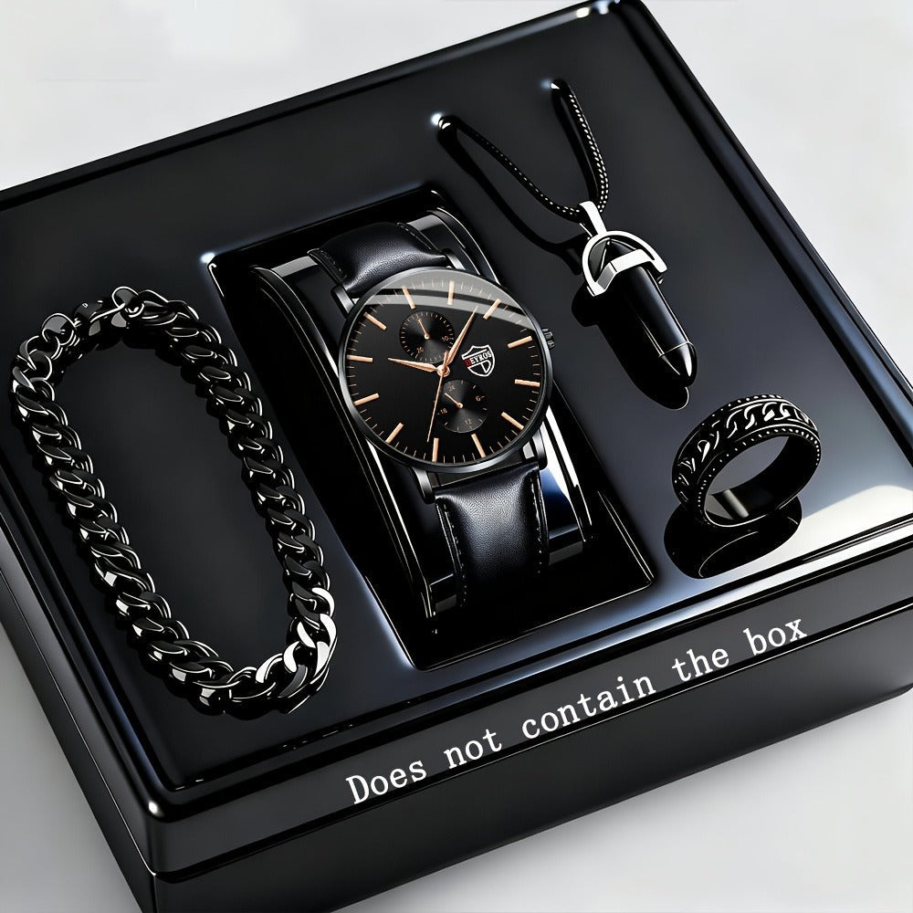 Jewelry Set with Watch - Men's Quartz & Bracelet | 4-Piece Elegant Gift with Alloy Case, Round Dial - product detail view 12