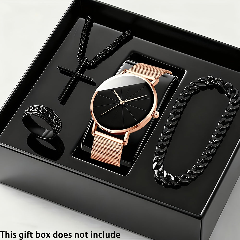 Jewelry Set with Watch - Men's Quartz & Bracelet | 4-Piece Elegant Gift with Alloy Case, Round Dial - product detail view 18