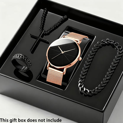 Jewelry Set with Watch - Men's Quartz & Bracelet | 4-Piece Elegant Gift with Alloy Case, Round Dial - product detail view 18