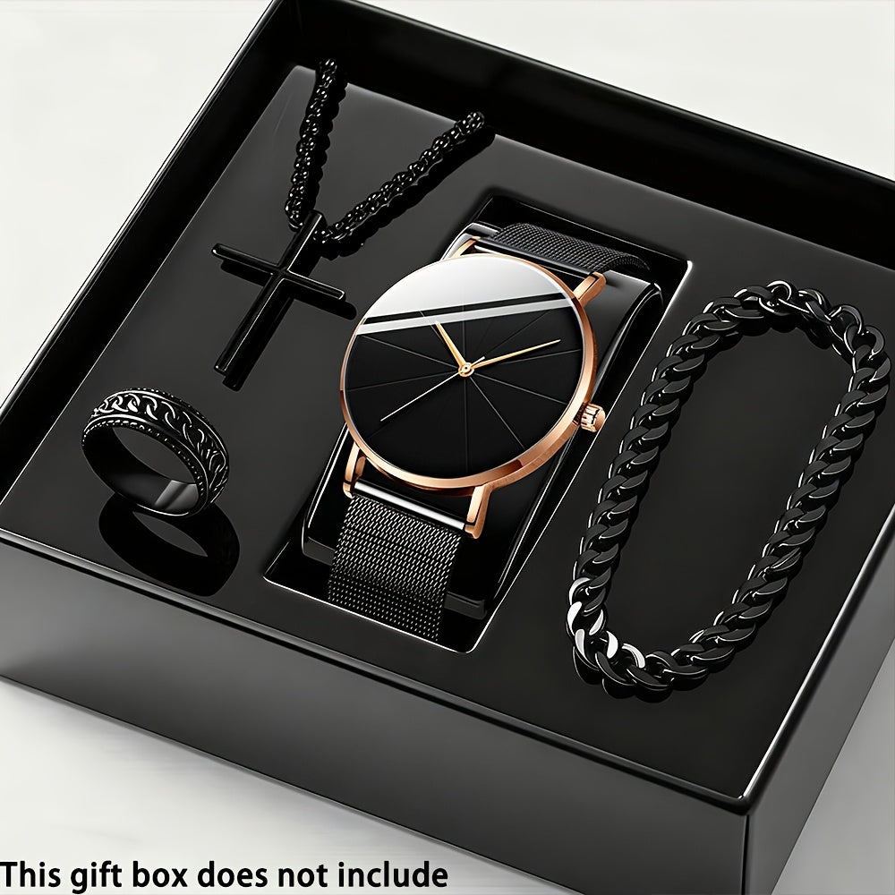 Jewelry Set with Watch - Men's Quartz & Bracelet | 4-Piece Elegant Gift with Alloy Case, Round Dial - product detail view 19