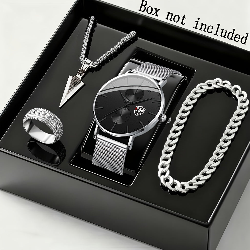 Jewelry Set with Watch - Men's Quartz & Bracelet | 4-Piece Elegant Gift with Alloy Case, Round Dial - product detail view 20