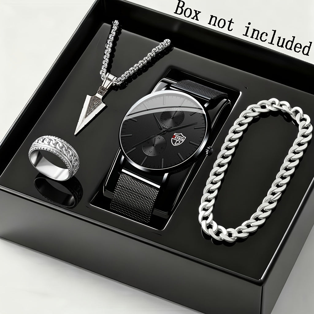 Jewelry Set with Watch - Men's Quartz & Bracelet | 4-Piece Elegant Gift with Alloy Case, Round Dial - product detail view 21