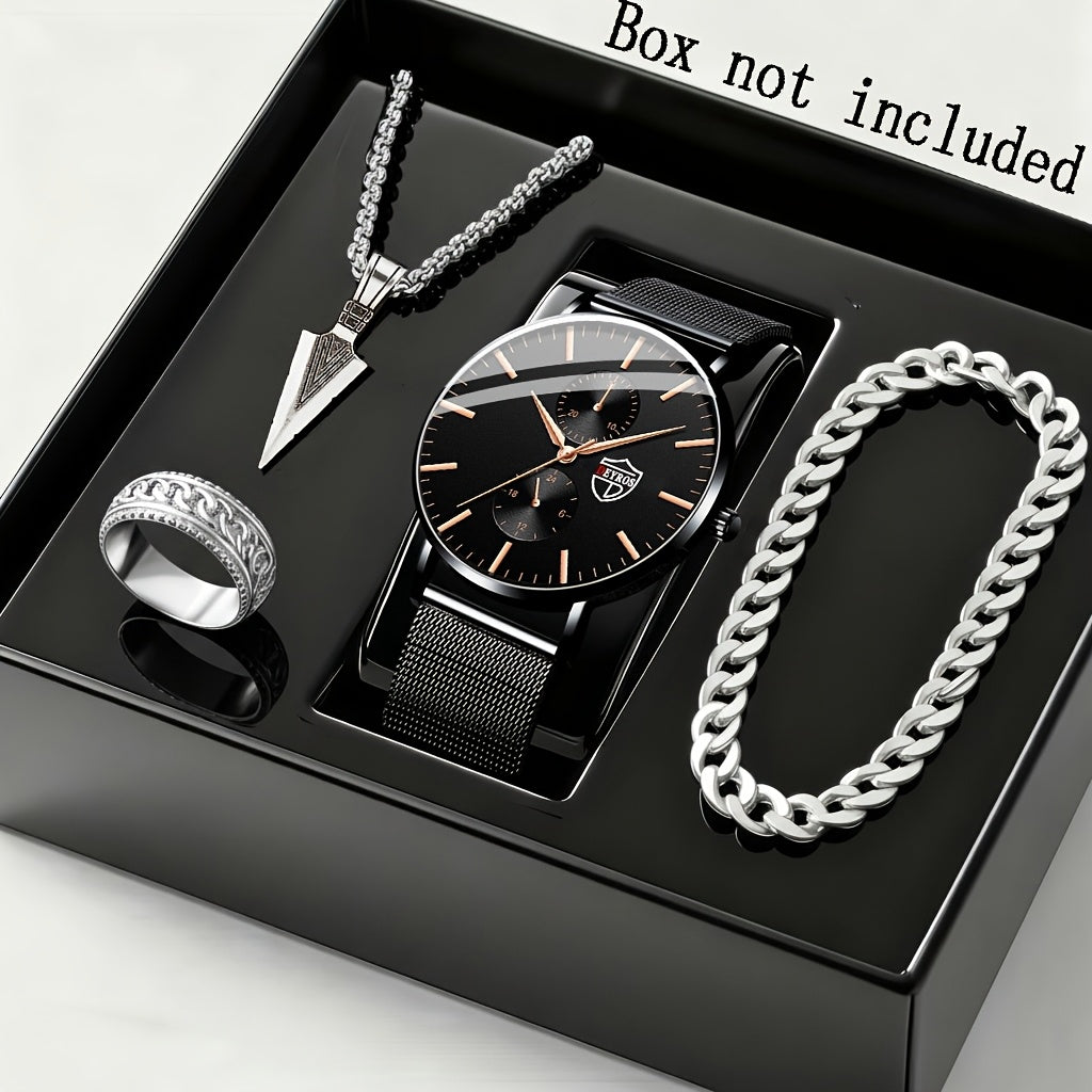 Jewelry Set with Watch - Men's Quartz & Bracelet | 4-Piece Elegant Gift with Alloy Case, Round Dial - product detail view 22