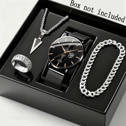 Jewelry Set with Watch - Men's Quartz & Bracelet | 4-Piece Elegant Gift with Alloy Case, Round Dial - product detail view 22