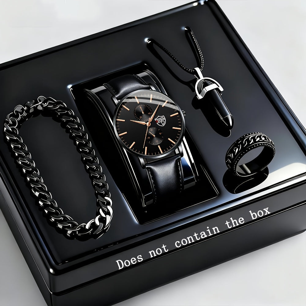 Jewelry Set with Watch - Men's Quartz & Bracelet | 4-Piece Elegant Gift with Alloy Case, Round Dial - product detail view 23