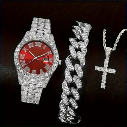 Jewelry Set with Watch - Men's Rhinestone Quartz & 3pcs or 4pcs Bundle with Cross Necklace & - product detail view 5