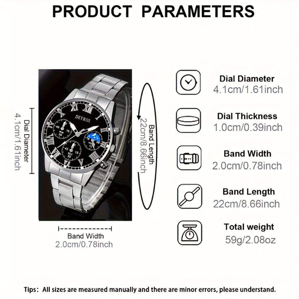 Jewelry Set with Watch - Stainless Steel for Men 3pcs Business Chronograph Quartz Necklace Bracelet - product detail view 2
