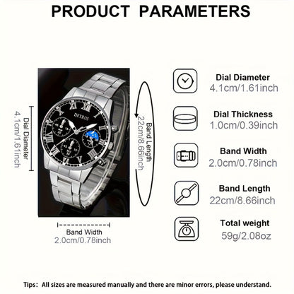 Jewelry Set with Watch - Stainless Steel for Men 3pcs Business Chronograph Quartz Necklace Bracelet - product detail view 2