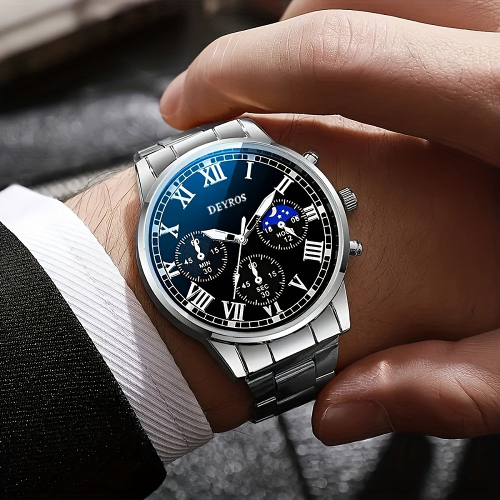 Jewelry Set with Watch - Stainless Steel for Men 3pcs Business Chronograph Quartz Necklace Bracelet - product detail view 6
