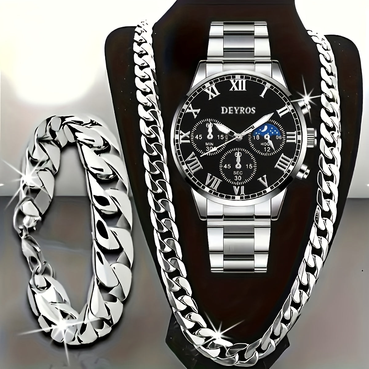Jewelry Set with Watch - Stainless Steel for Men 3pcs Business Chronograph Quartz Necklace Bracelet - product detail view 8