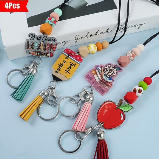 Keychain - Apple Set 4 Pack | Acrylic Printed Letter Charm with Lobster Clasp, ID - main product view