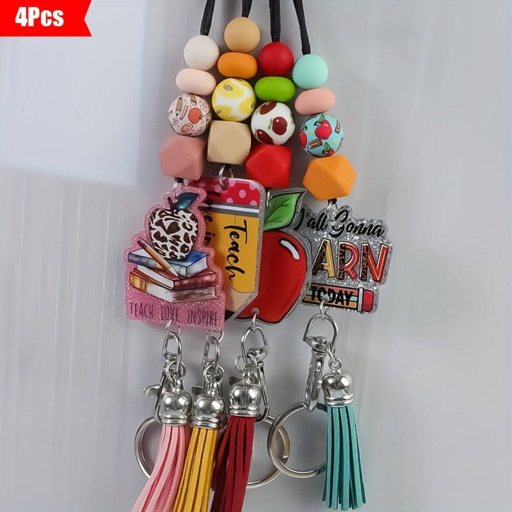 Keychain - Apple Set 4 Pack | Acrylic Printed Letter Charm with Lobster Clasp, ID - product detail view 5