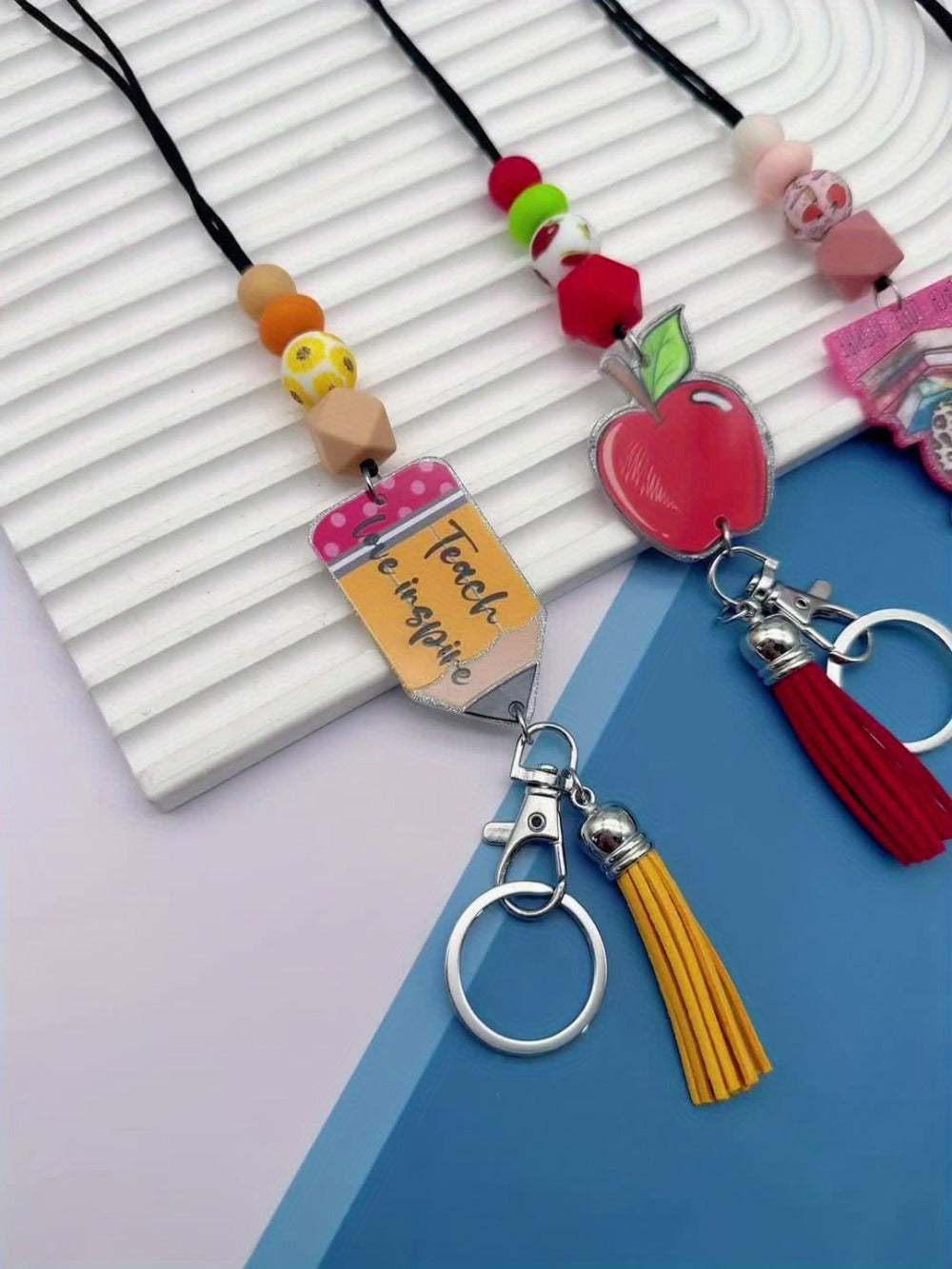 Keychain - Apple Set 4 Pack | Acrylic Printed Letter Charm with Lobster Clasp, ID - product detail view 6