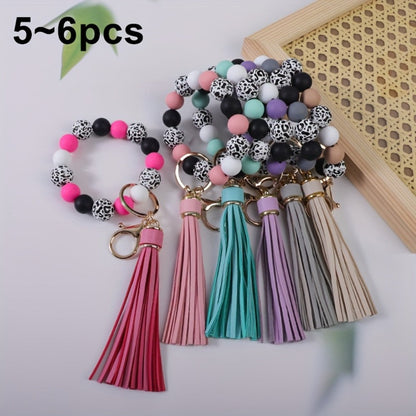 Keychain - Beaded Wristband Set 5 Pcs - Leopard Print Polka Dot Fringe Charm for - product detail view 2