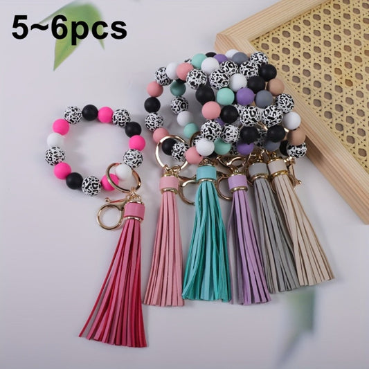 Keychain - Beaded Wristband Set 5 Pcs - Leopard Print Polka Dot Fringe Charm for - product detail view 2