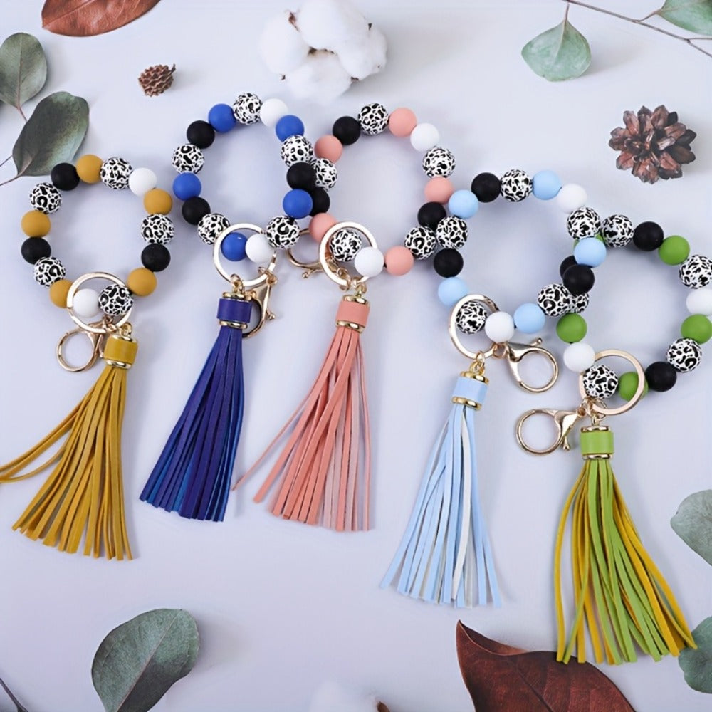 Keychain - Beaded Wristband Set 5 Pcs - Leopard Print Polka Dot Fringe Charm for - product detail view 3