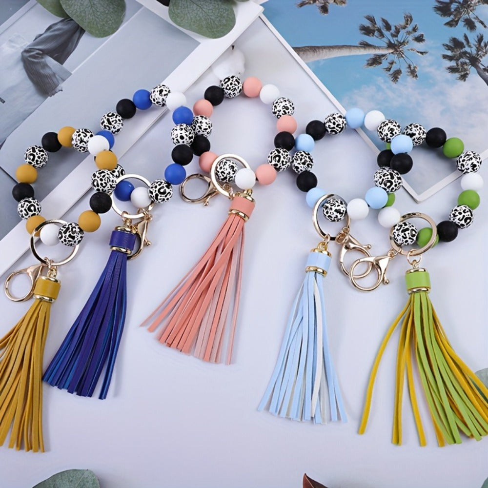 Keychain - Beaded Wristband Set 5 Pcs - Leopard Print Polka Dot Fringe Charm for - product detail view 4