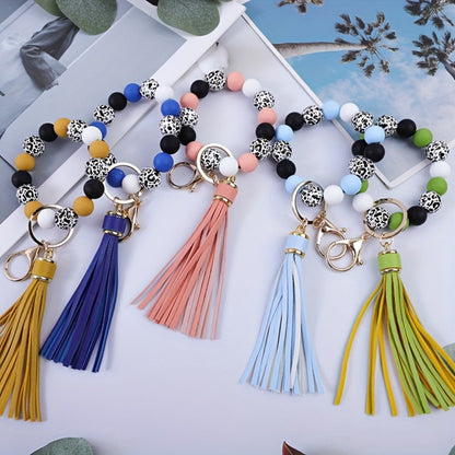 Keychain - Beaded Wristband Set 5 Pcs - Leopard Print Polka Dot Fringe Charm for - product detail view 4