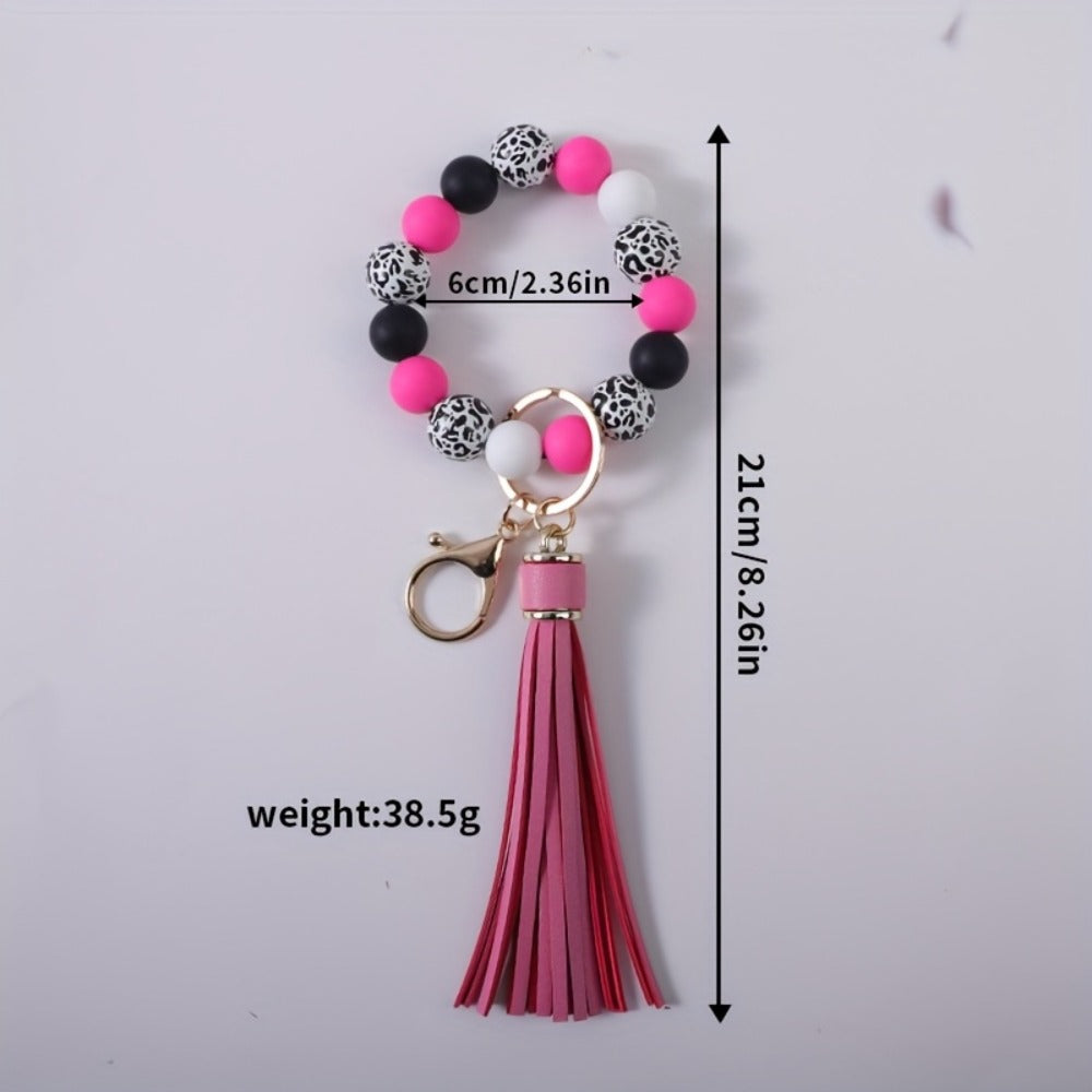Keychain - Beaded Wristband Set 5 Pcs - Leopard Print Polka Dot Fringe Charm for - product detail view 5