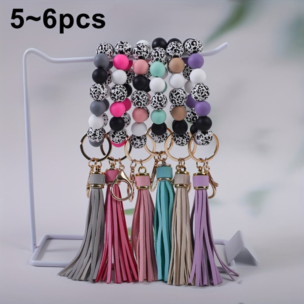 Keychain - Beaded Wristband Set 5 Pcs - Leopard Print Polka Dot Fringe Charm for - product detail view 6