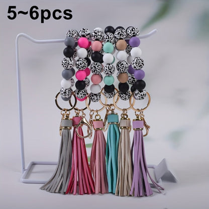 Keychain - Beaded Wristband Set 5 Pcs - Leopard Print Polka Dot Fringe Charm for - product detail view 6