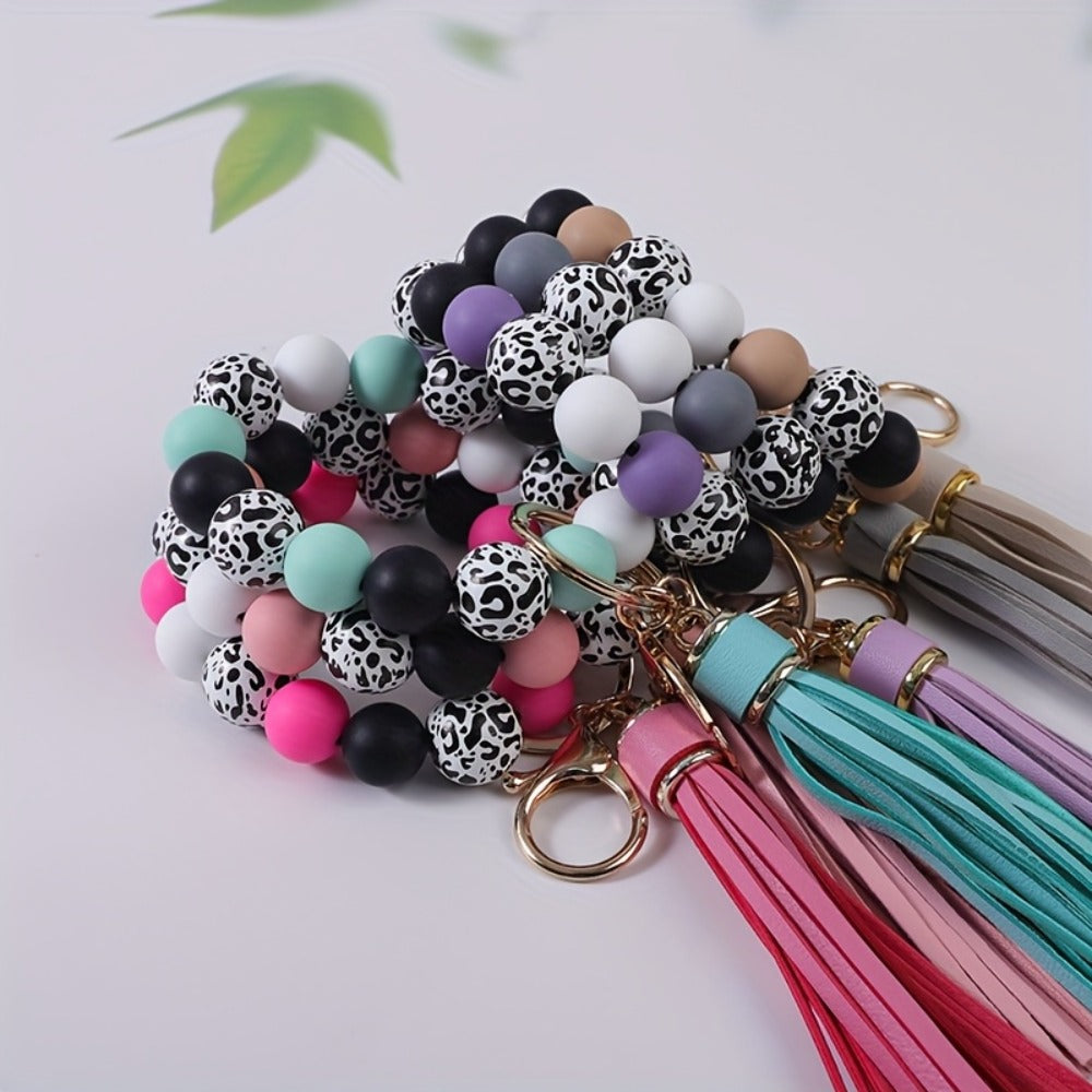Keychain - Beaded Wristband Set 5 Pcs - Leopard Print Polka Dot Fringe Charm for - product detail view 8