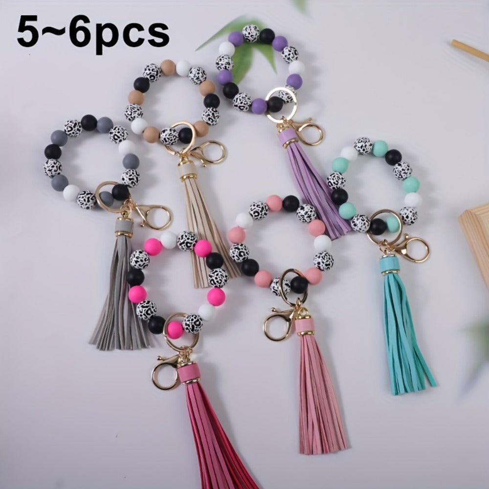 Keychain - Beaded Wristband Set 5 Pcs - Leopard Print Polka Dot Fringe Charm for - product detail view 9